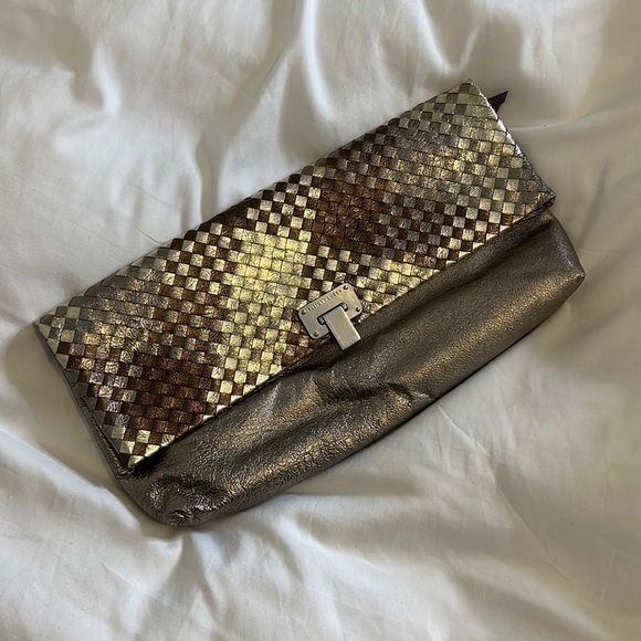 Elliot Lucca Gold Silver Leather Clutch Convertible Shoulder Bag - Picture 1 of 8